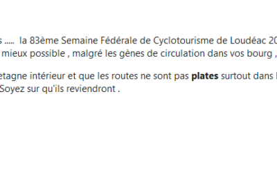 courrier de remerciements de la Semaine  fédérale cyclotouriste Loudéac 2022